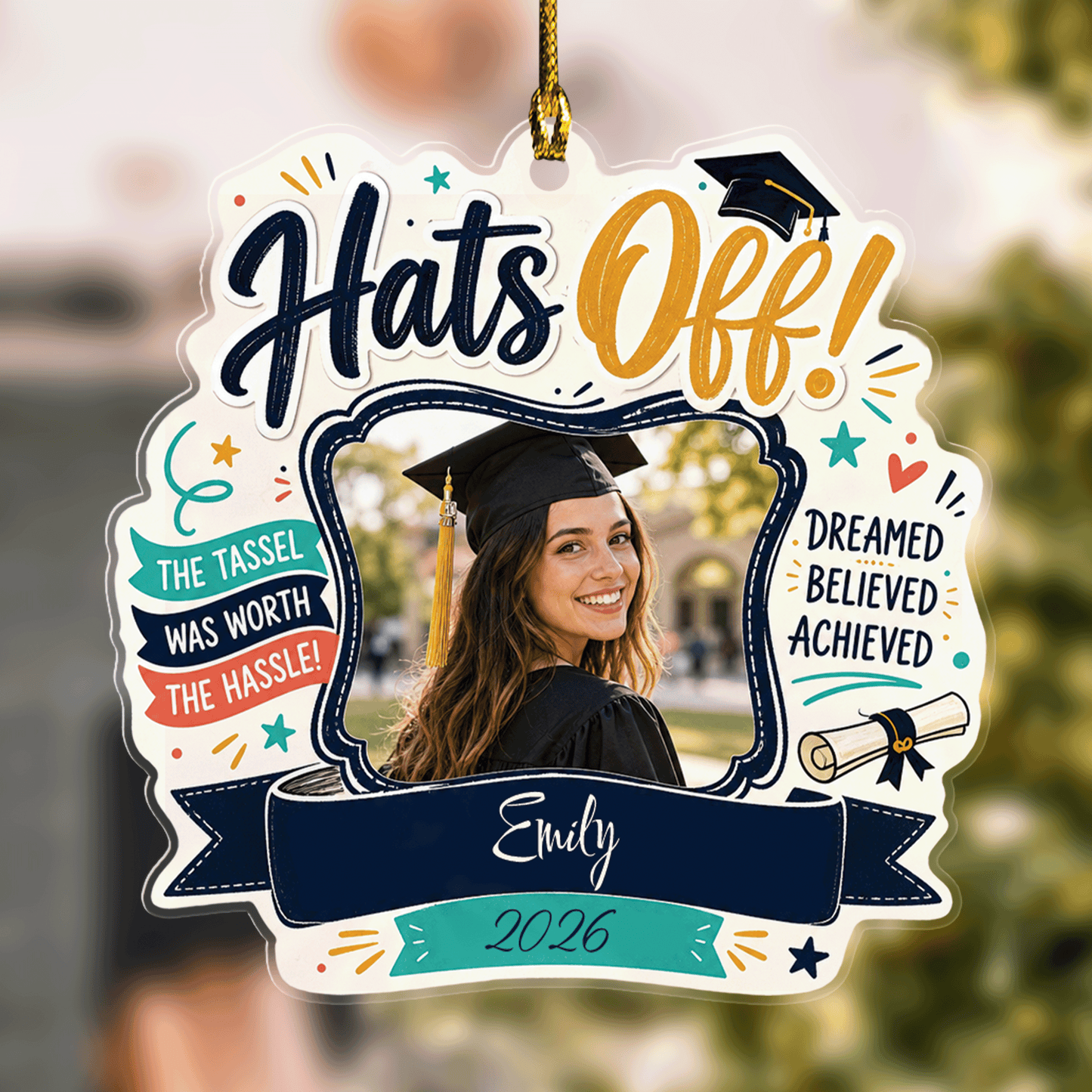Hats Off Personalized Acrylic Ornament with Photo, Custom Name Graduation Gift