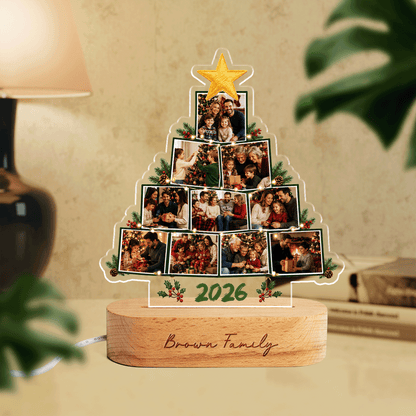 Personalized Christmas Tree Photo Night Light | Engraved Wood Base Lamp