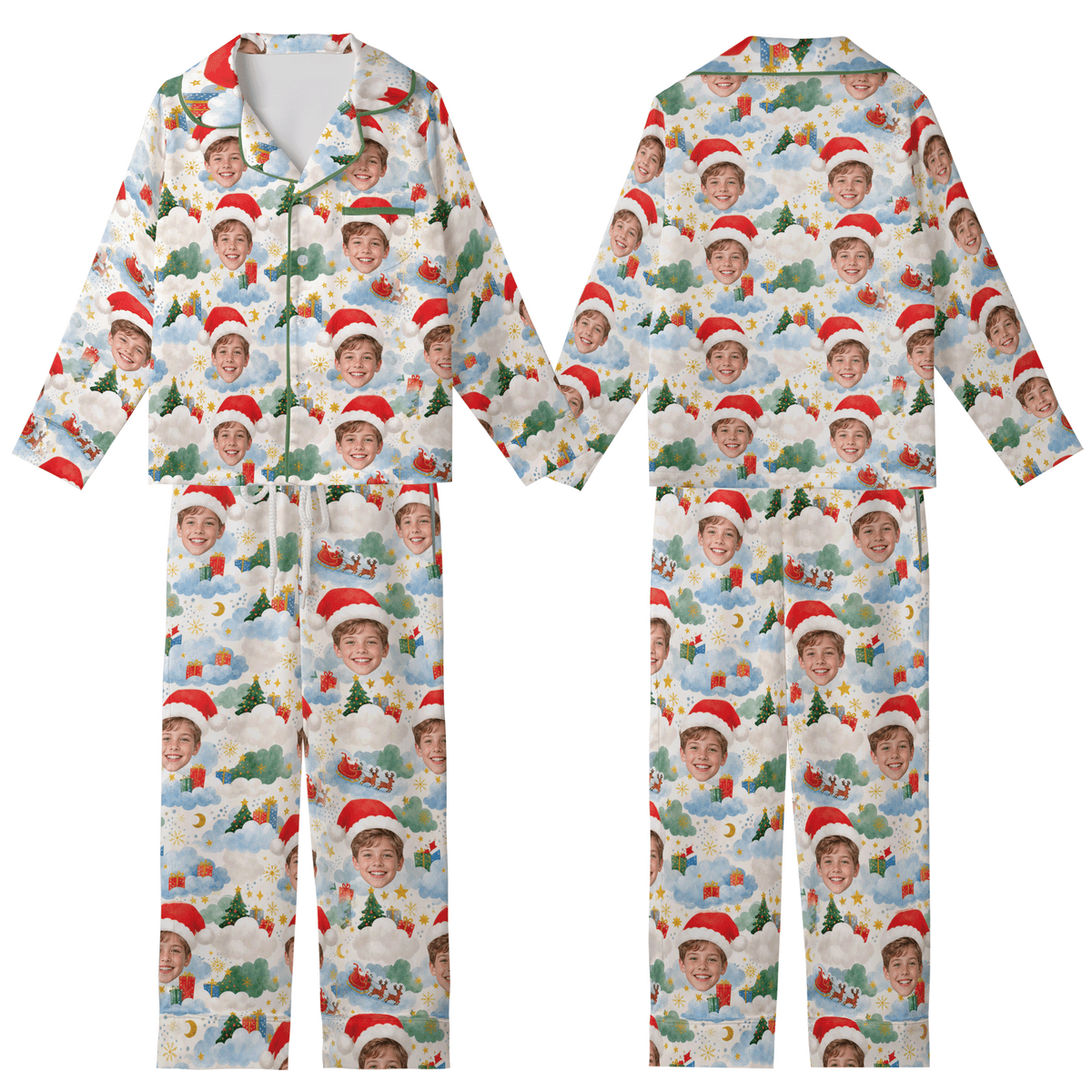 Custom Face Photo Christmas Sky Santa Hat Personalized Kid Pajamas Set Cream Satin Long Sleeve Button Up Holiday Sleepwear Nightwear Lounge Set