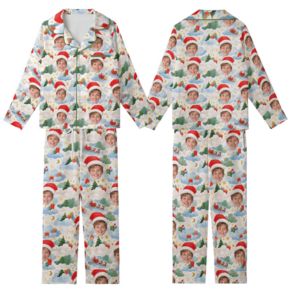 Custom Face Photo Christmas Sky Santa Hat Personalized Kid Pajamas Set Cream Satin Long Sleeve Button Up Holiday Sleepwear Nightwear Lounge Set
