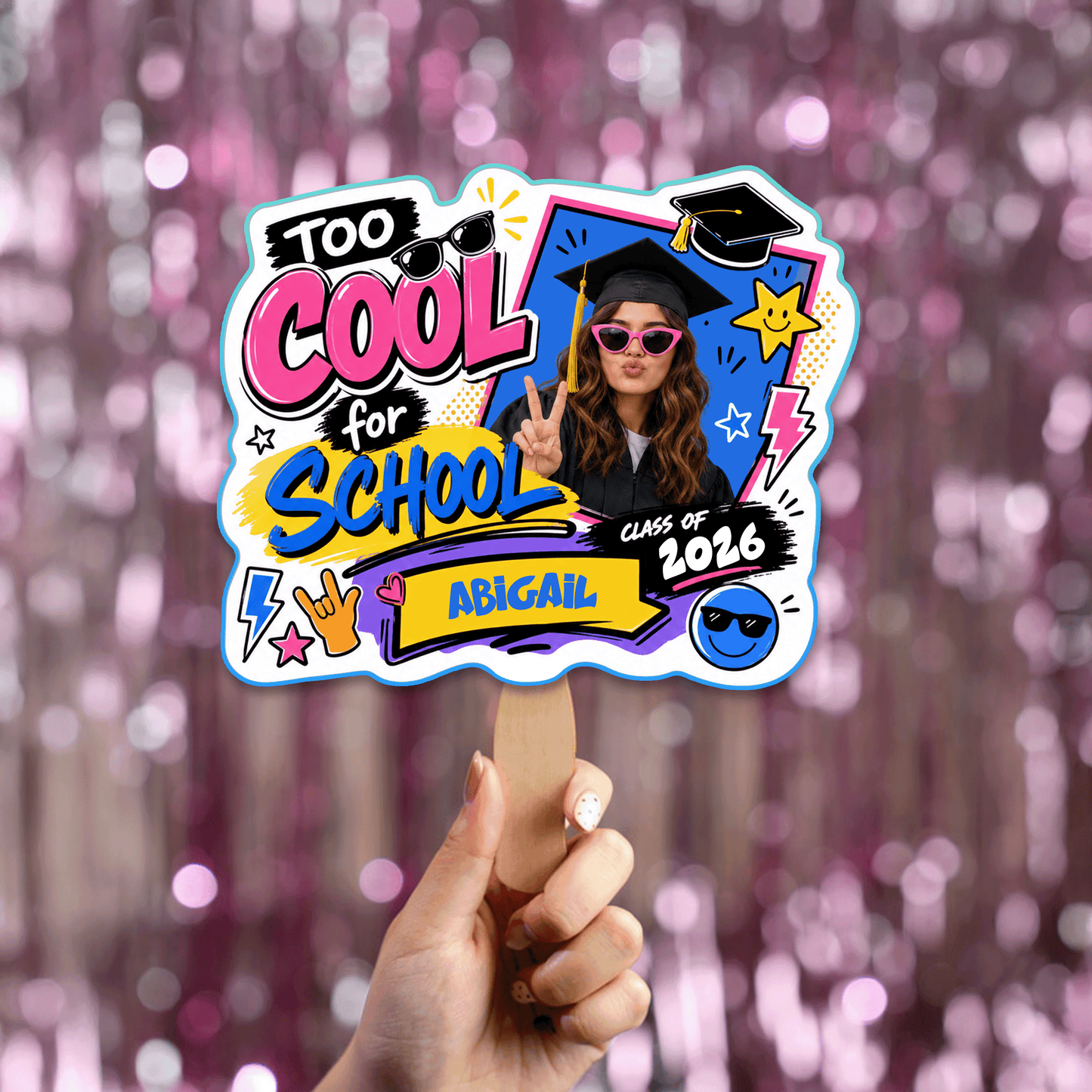 Too Cool for School Custom Shape Photo Hand Fan with Photo, Name Graduation Party Fan