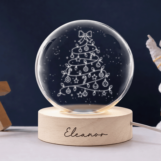 Custom Christmas Tree Lights Ribbon Bow 3D Laser Engraved Crystal Ball with LED Wooden Standee, Personalized Name Holiday Glowing Tabletop Night Light Keepsake