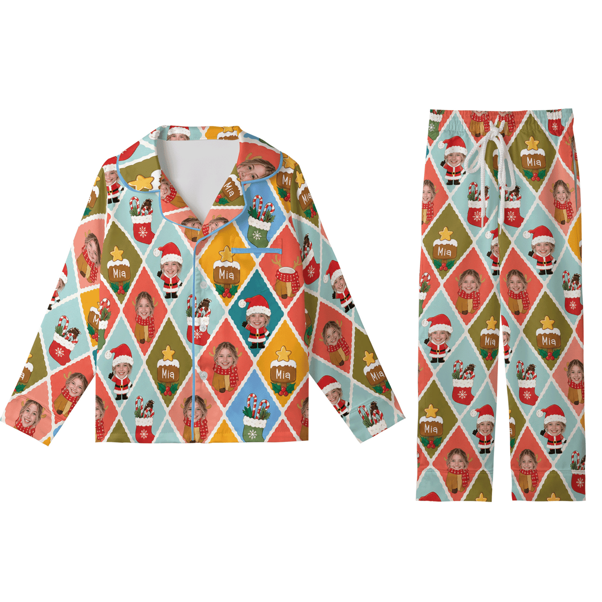 Custom Face Photo Christmas Colorful Argyle Diamond Personalized Kid Pajamas Set Satin Long Sleeve Button Up Holiday Sleepwear Nightwear Lounge Set