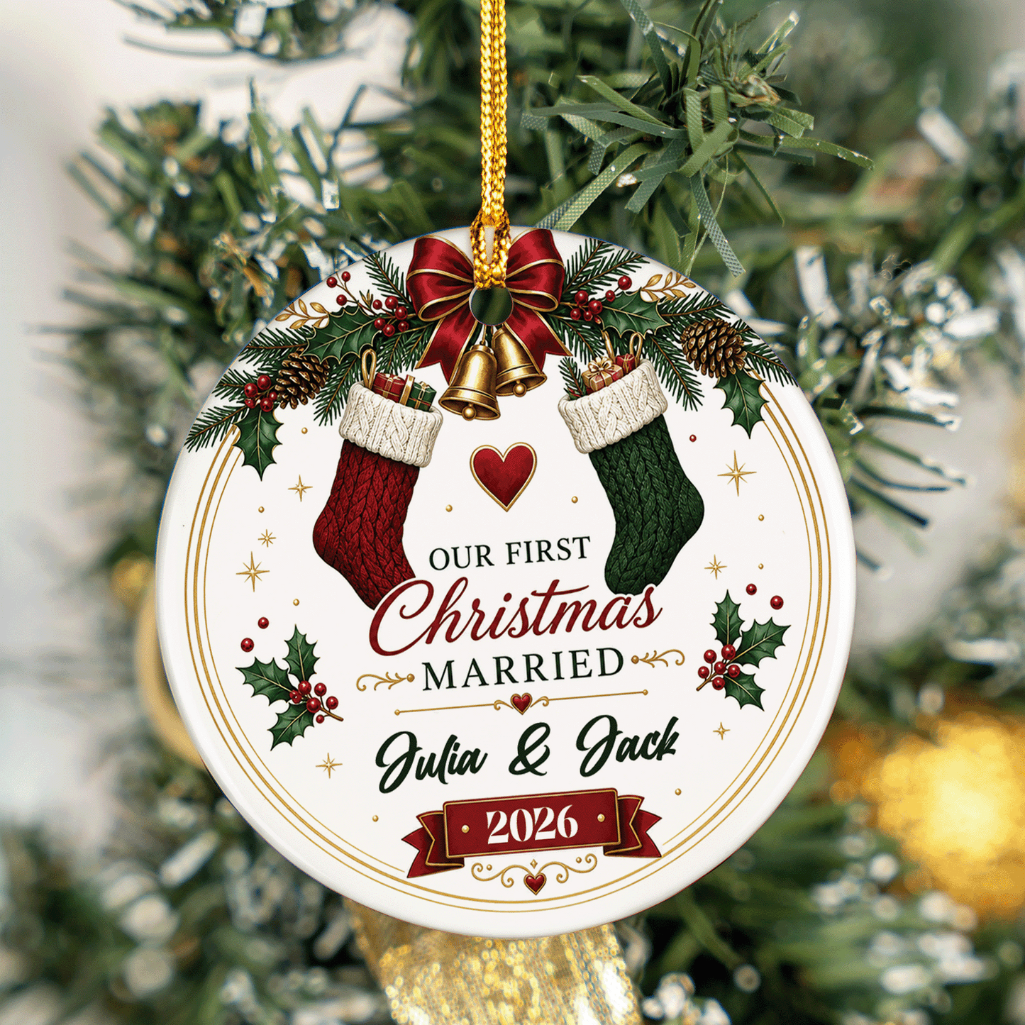 Personalized Our First Christmas Married Ceramic Ornament, Custom Name Wedding Christmas Gift