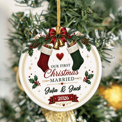 Personalized Our First Christmas Married Ceramic Ornament, Custom Name Wedding Christmas Gift