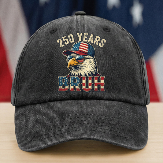 250 Years Bruh Eagle Washed Denim Baseball Cap – Custom Name Patriotic USA 1776-2026 250th Anniversary Hat