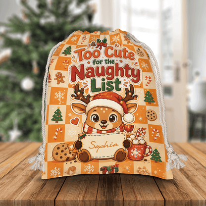 Personalized Too Cute for the Naughty List Christmas Sack with Custom Name