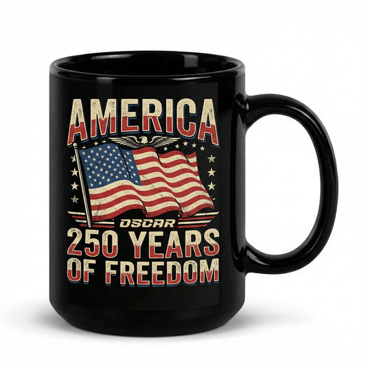 America 250 Years of Freedom Personalized Black Mug – Custom Name Patriotic Independence Day Mug