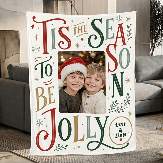 Personalized Photo Tis The Season To Be Jolly Christmas Blanket, Custom Name Family Photo Holiday Fleece Blanket, Cozy Xmas Picture Throw Keepsake Gift