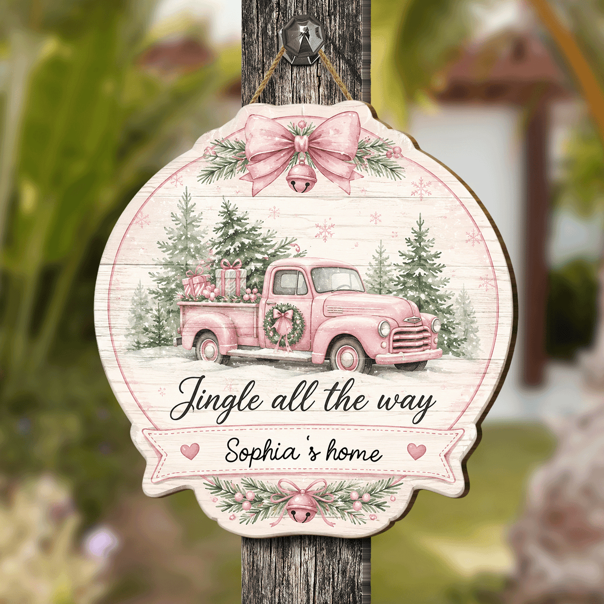 Personalized Pink Truck Jingle All The Way Custom Shape Wood Sign, Custom Family Name Vintage Pink Truck Christmas Tree Wooden Hanging Plaque, Pastel Holiday Door & Wall Decor Family Gift
