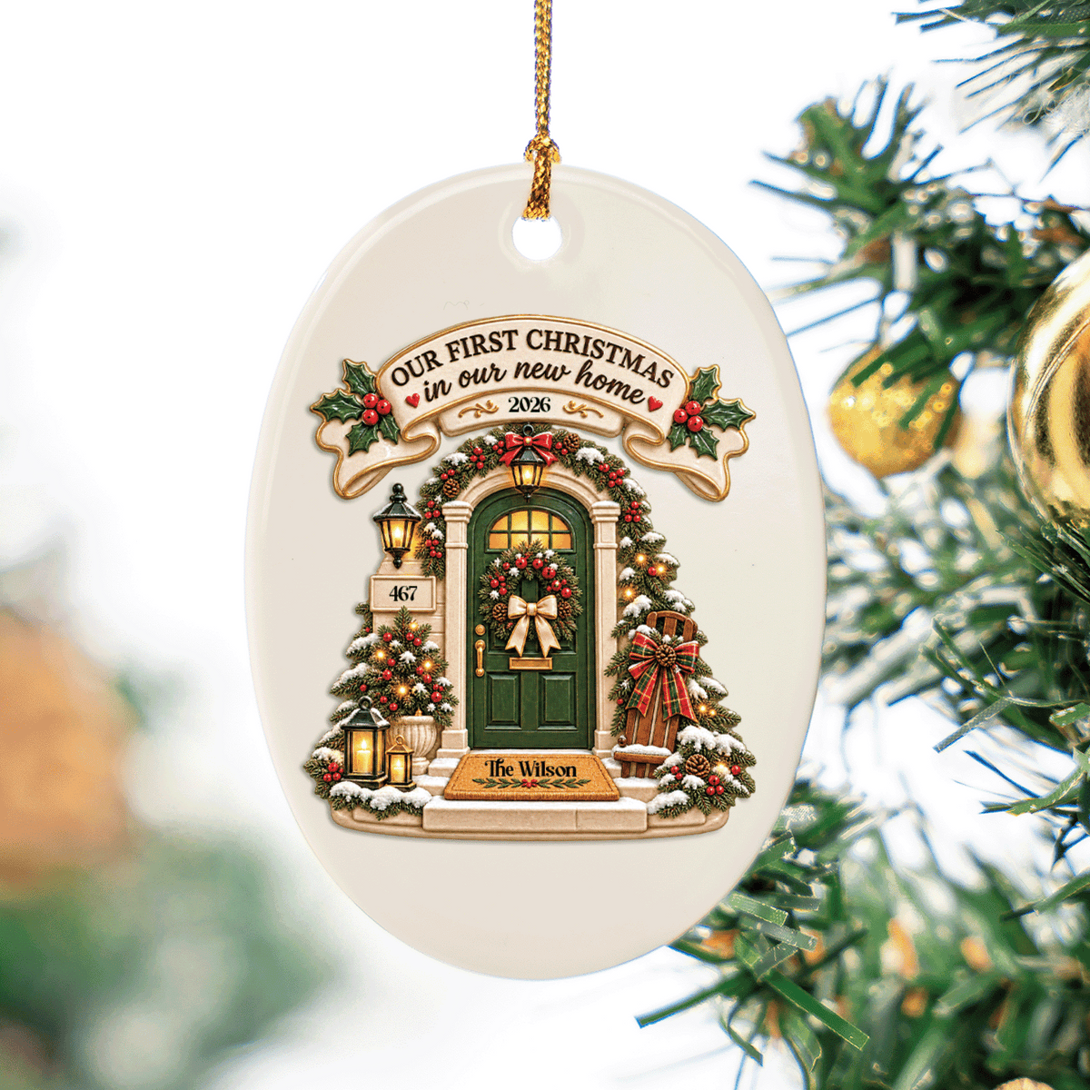 Personalized Our First Christmas In Our New Home Ceramic Oval Ornament, Custom Family Name House Number Year Xmas Tree Hanging Decor Keepsake, New Homeowner Housewarming Gift