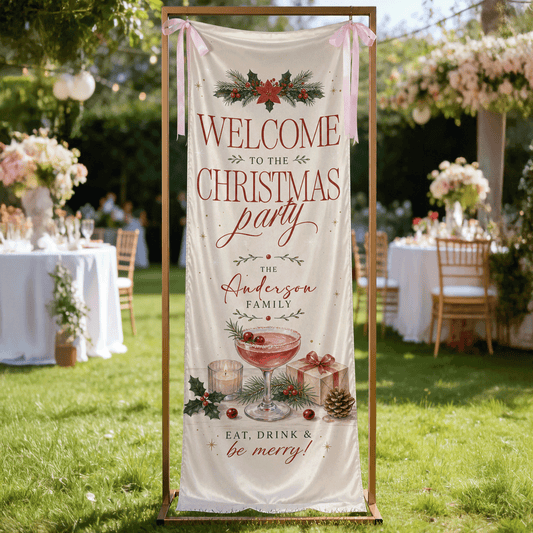 Vintage Poinsettia Cocktail Christmas Family Fabric Welcome Banner