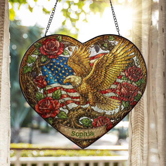 Personalized Eagle & Roses Stained Glass Heart Suncatcher – Patriotic USA Window Hanging Decor