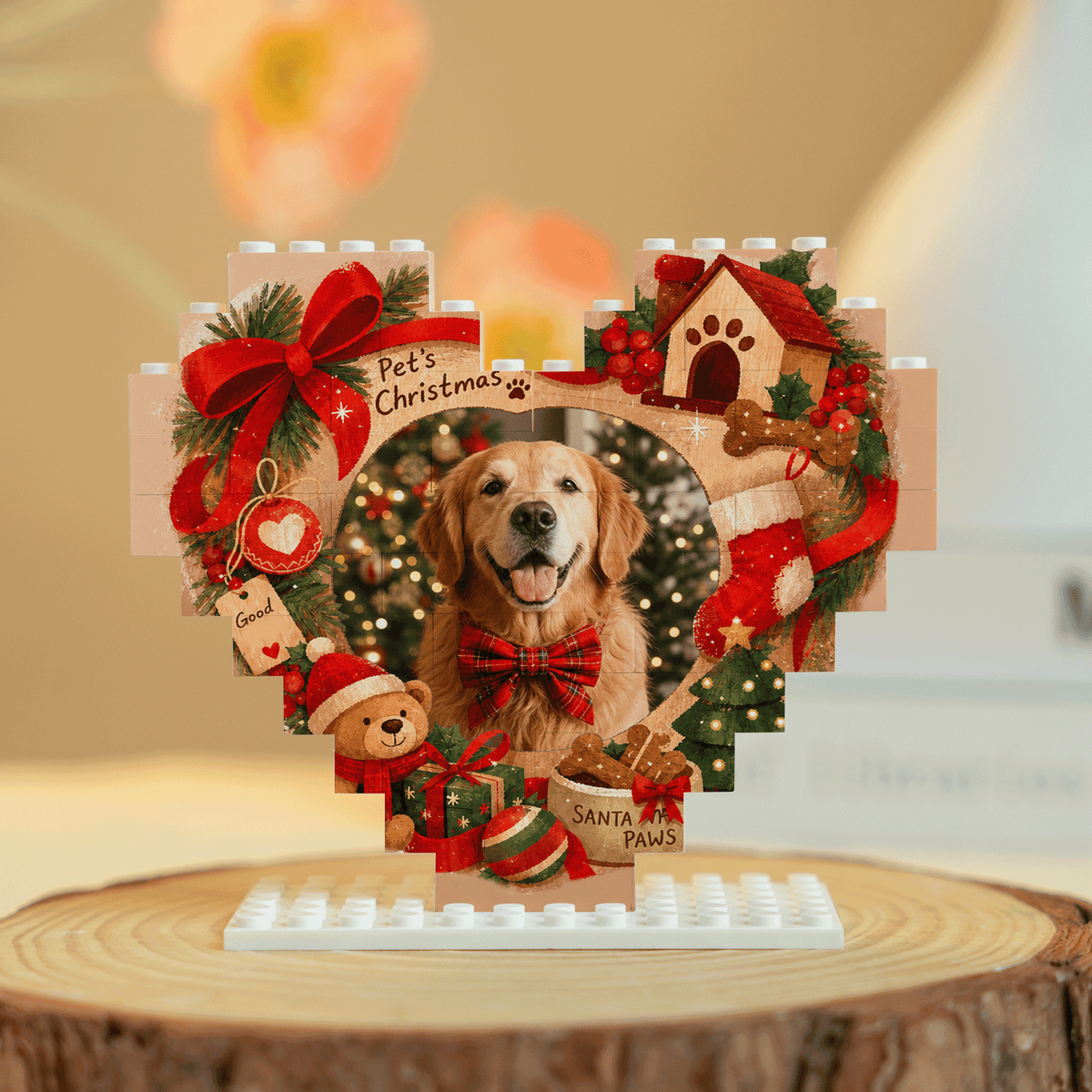 Personalized Photo Christmas Building Block Heart Shape in Rustic Wood Grain, Custom Dog Photo Pet House & Christmas Tree Brick Puzzle Keepsake Decor, Holiday Gift for Dog Lovers
