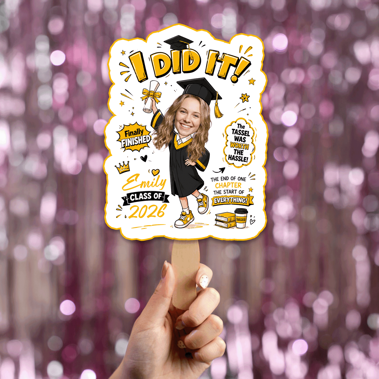 Personalized I Did It Finally Finished Custom Shape Photo Hand Fan, Graduation Fan with Photo & Name