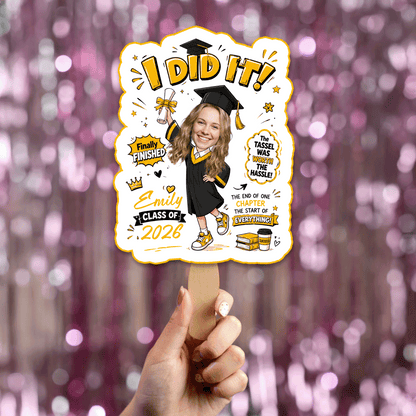 Personalized I Did It Finally Finished Custom Shape Photo Hand Fan, Graduation Fan with Photo & Name