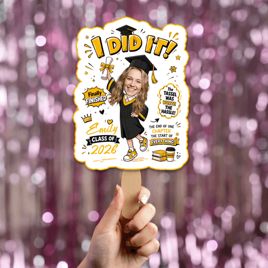Personalized I Did It Finally Finished Custom Shape Photo Hand Fan, Graduation Fan with Photo & Name