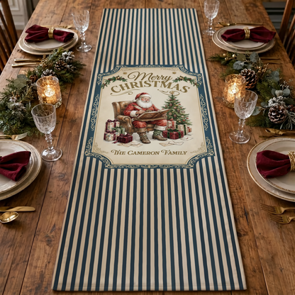 Personalized Vintage Santa Striped Christmas Table Runner, Custom Family Name Navy Blue Stripes Nostalgic Holiday Table Runner & Dining Decor