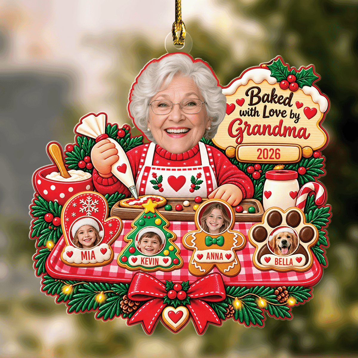 Personalized Baked With Love By Grandma Photo Christmas Acrylic Ornament, Custom Grandma Kids Grandkids Pets Face Cookie Christmas Tree Hanging Ornament, Family Holiday Gift
