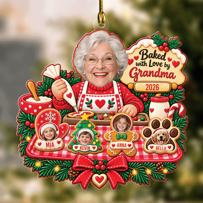 Personalized Baked With Love By Grandma Photo Christmas Acrylic Ornament, Custom Grandma Kids Grandkids Pets Face Cookie Christmas Tree Hanging Ornament, Family Holiday Gift