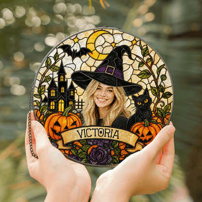 Personalized Halloween Witch Custom Photo Black Cat Stained Glass Suncatcher Window Hanging Custom Name Home Wall Decor
