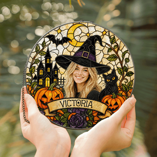 Personalized Halloween Witch Custom Photo Black Cat Stained Glass Suncatcher, view 2