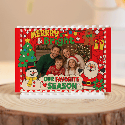 Personalized Photo Christmas Building Block in Festive Red, Custom Family Picture Candy Cane Border "Merry & Bright" Santa & Snowman Brick Puzzle Keepsake Decor, Festive Holiday Desk Gift