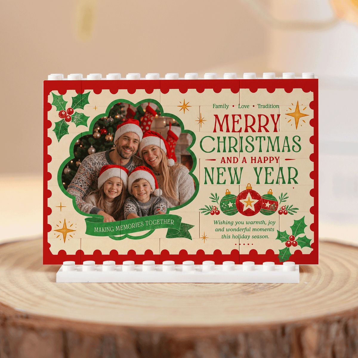 Personalized Photo Christmas Building Block in Stamp Frame, Custom Family Picture "Merry Christmas & Happy New Year" Brick Puzzle Keepsake Decor, Festive Holiday Desk Gift