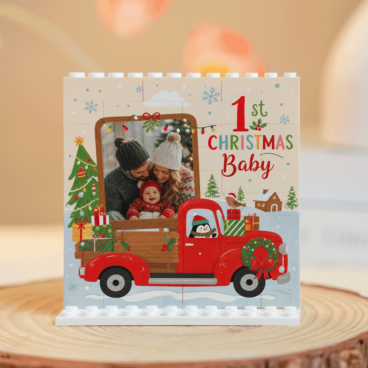 Personalized Photo Christmas Building Block in Cream White, Custom Baby First Christmas Photo Vintage Red Truck & Pine Tree Brick Puzzle Keepsake Decor, Holiday Gift for New Parents