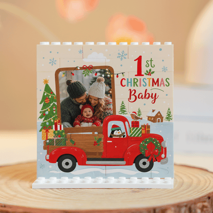 Personalized Photo Christmas Building Block in Cream White, Custom Baby First Christmas Photo Vintage Red Truck & Pine Tree Brick Puzzle Keepsake Decor, Holiday Gift for New Parents