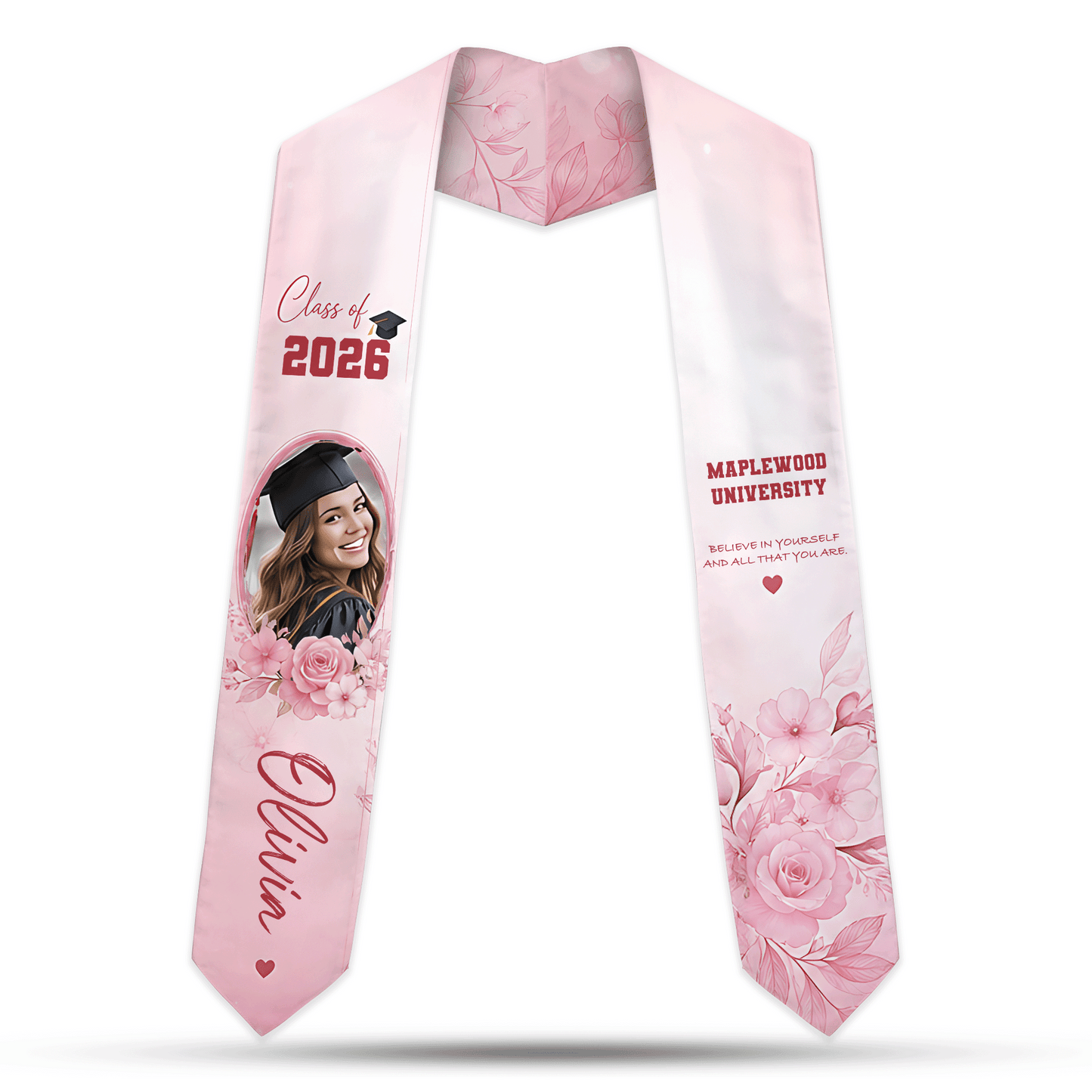 Personalized Pink Floral Graduation Stole – Custom Name