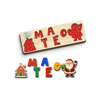 Personalized Christmas Santa & Gingerbread Wooden Puzzle Board - Custom Kids Holiday Learning Toy & Nursery Decor