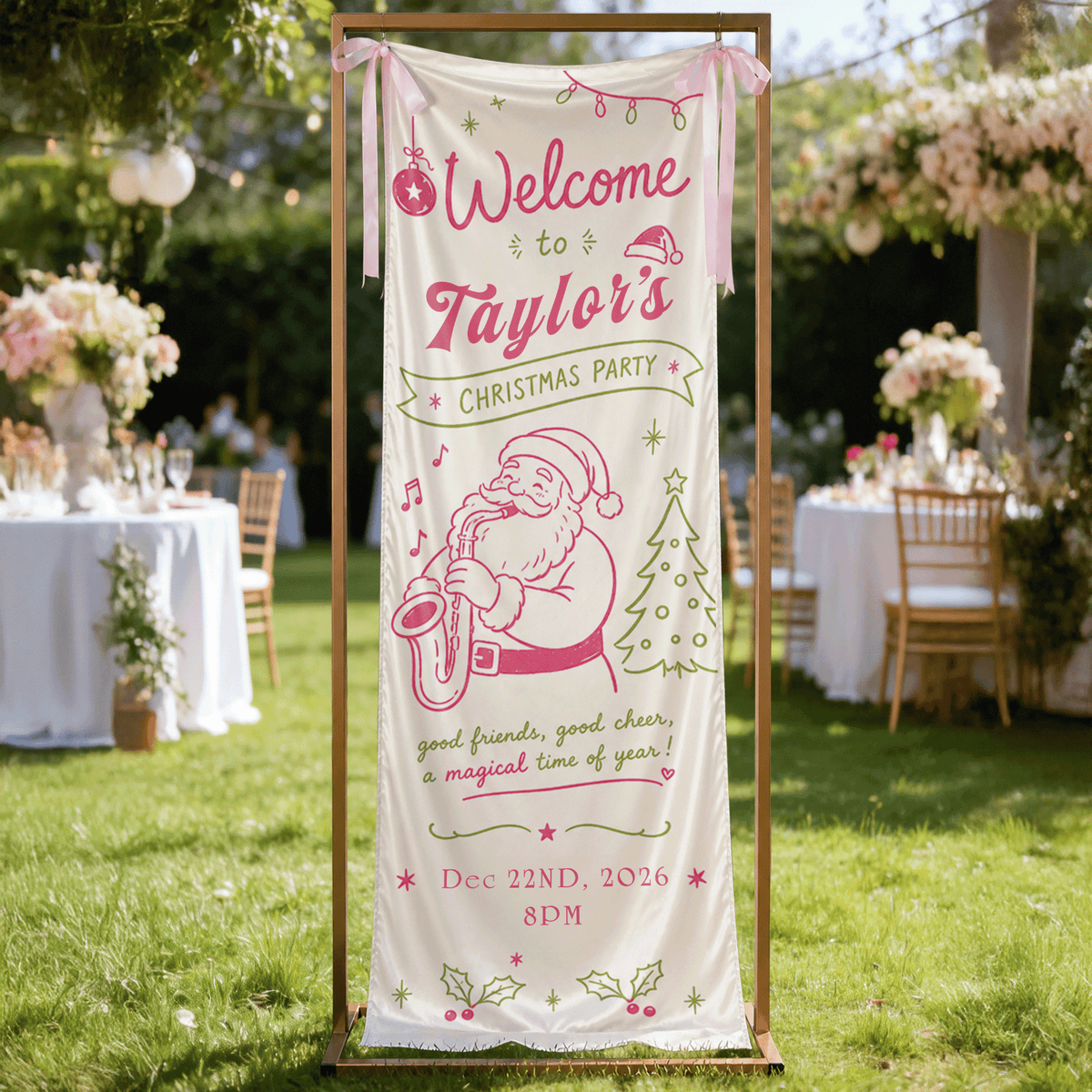 Pink Coquette Saxophone Santa Christmas Family Fabric Welcome Banner, Personalized Name Entrance Hanging Sign with Ribbon Ties, Musical Xmas Party Decor
