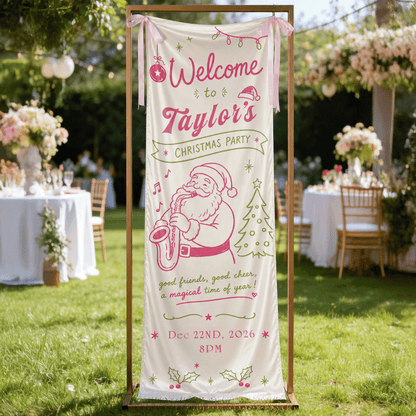 Pink Coquette Saxophone Santa Christmas Family Fabric Welcome Banner, Personalized Name Entrance Hanging Sign with Ribbon Ties, Musical Xmas Party Decor