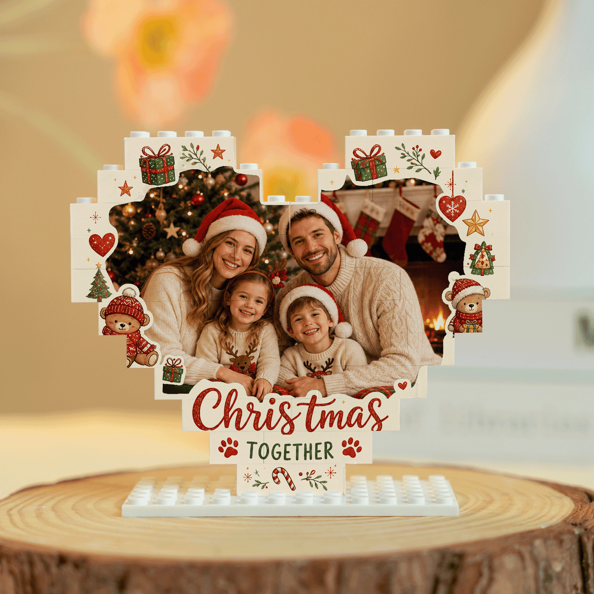 Personalized Photo Heart Christmas Together Building Block in White & Red, Custom Family Pet Picture Xmas Brick Puzzle Keepsake Decor, Cute Holiday Desk Gift