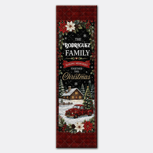 Full length Christmas memories runner design with poinsettias, snowy log cabin and vintage red pickup with a tree