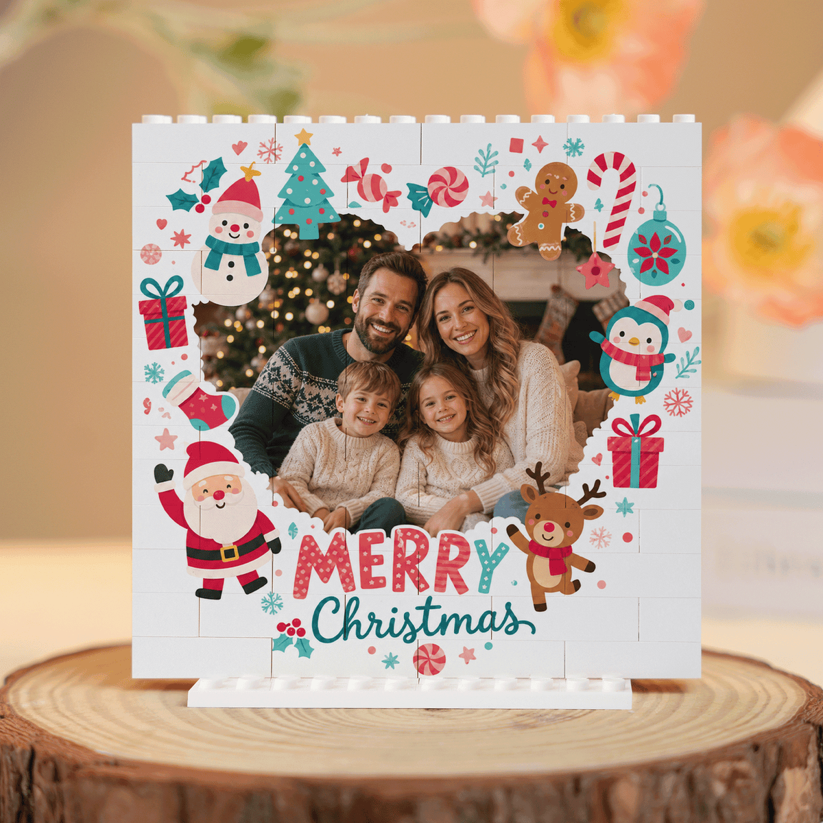 Personalized Photo Christmas Building Block in White, Custom Family Picture Santa Reindeer Penguin & Snowman Wreath Brick Puzzle Keepsake Decor, Festive Holiday Desk Gift