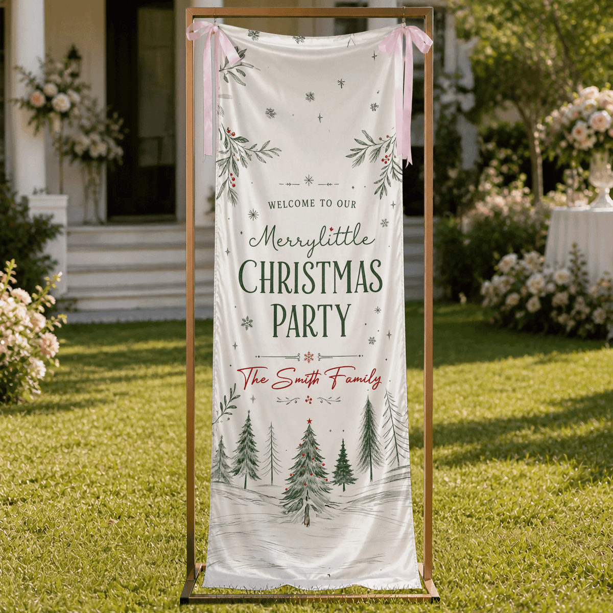 Custom Merry Little Christmas Party Fabric Welcome Banner, Personalized Family Name Holiday Entrance Hanging Sign with Ribbon Ties, Winter Pine Forest Party Decor