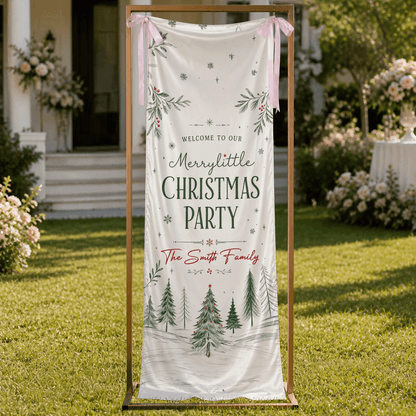 Custom Merry Little Christmas Party Fabric Welcome Banner, Personalized Family Name Holiday Entrance Hanging Sign with Ribbon Ties, Winter Pine Forest Party Decor