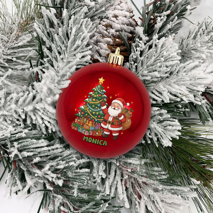 Personalized Name Santa Claus Christmas Tree Red Ball Ornament, Custom Full Color Shatterproof Plastic Bauble