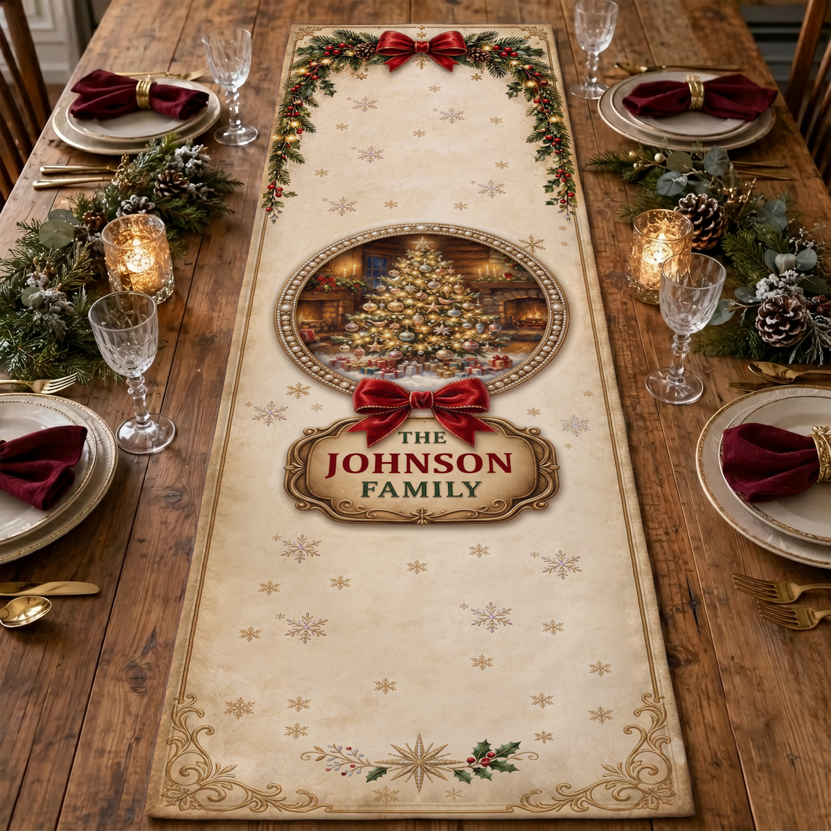Personalized Vintage Illuminated Christmas Tree Table Runner, Custom Family Name Cream Elegant Holiday Pine Tree Table Runner & Dining Decor