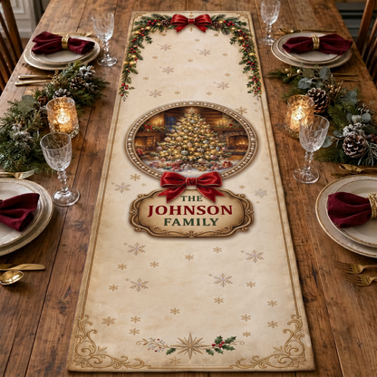 Personalized Vintage Illuminated Christmas Tree Table Runner, Custom Family Name Cream Elegant Holiday Pine Tree Table Runner & Dining Decor