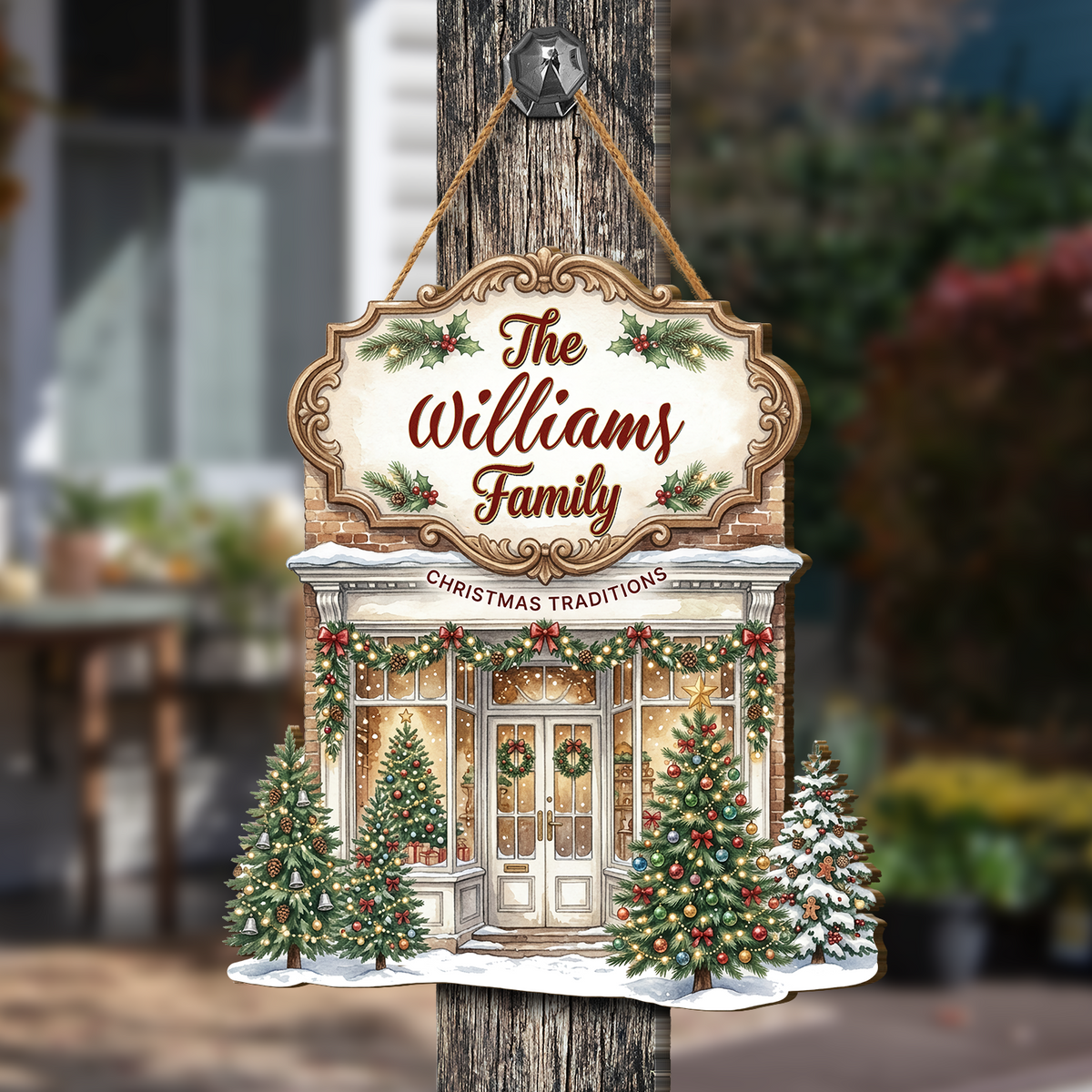 Personalized Christmas Traditions Shop Custom Shape Wood Sign, Custom Family Name Vintage Storefront Wooden Hanging Plaque, Festive Holiday Door & Wall Decor Family Gift