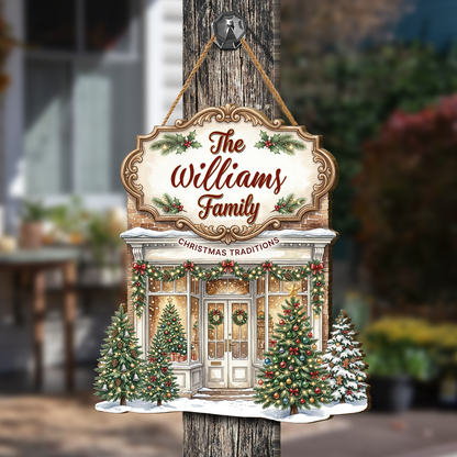 Personalized Christmas Traditions Shop Custom Shape Wood Sign, Custom Family Name Vintage Storefront Wooden Hanging Plaque, Festive Holiday Door & Wall Decor Family Gift
