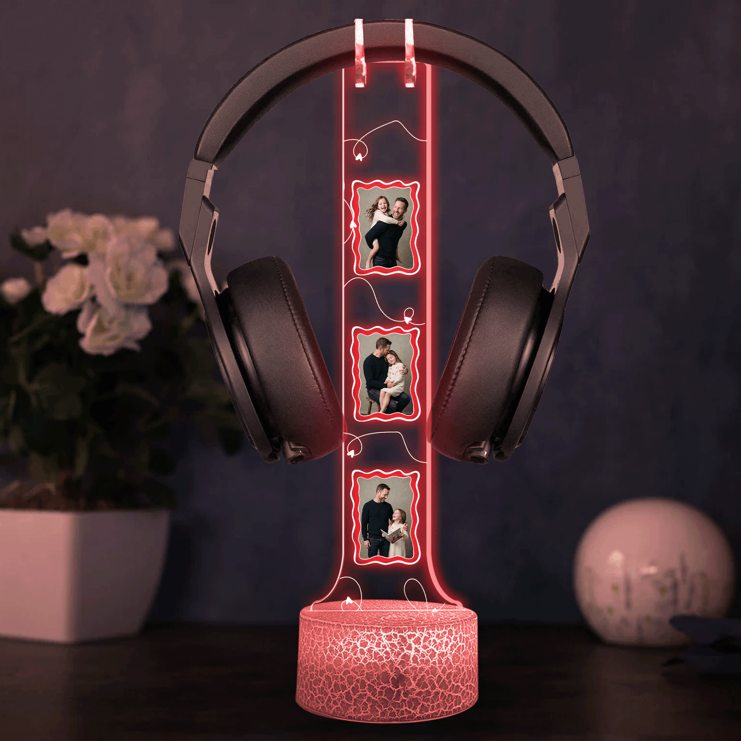 Personalized Acrylic Headphone Stand with Lights – Custom Photo Gift for Dad