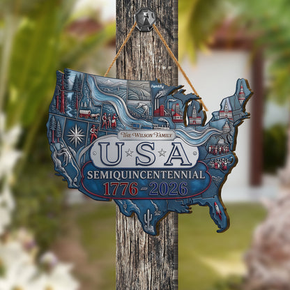 USA 250th Anniversary License Plate Wooden Sign – Personalized Semiquincentennial Double Layer Plaque – Patriotic Family Wall Art