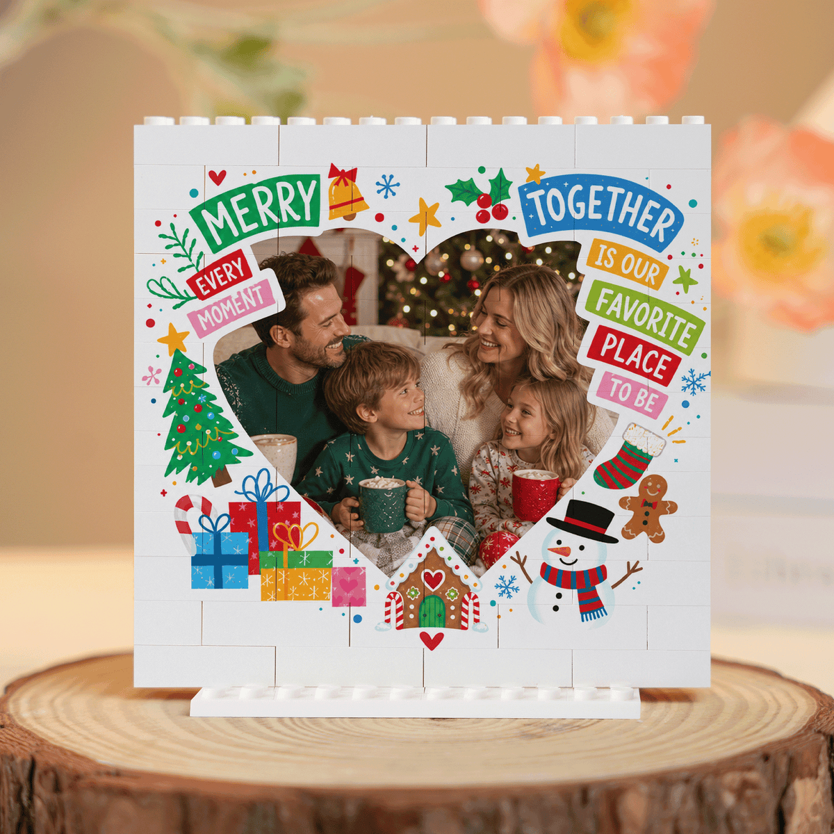 Personalized Photo Christmas Building Block in White, Custom Family Picture "Every Moment Together" Heart Brick Puzzle Keepsake Decor, Festive Holiday Desk Gift