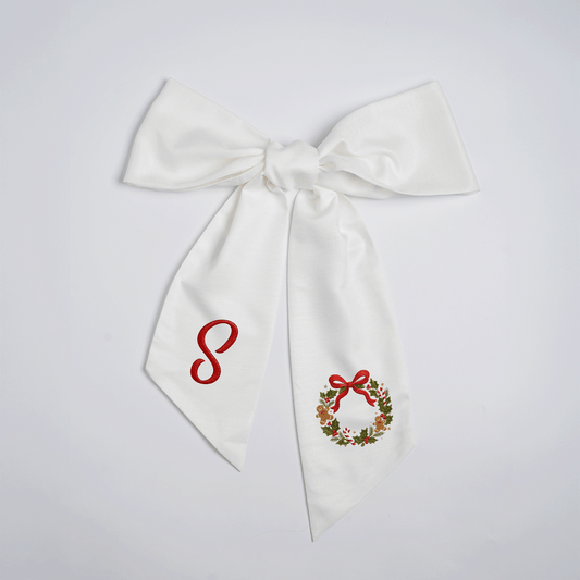 Custom Letter Christmas Wreath Embroidered Linen Wreath Sash, Personalized Monogram Holiday Bow Sash for Front Door Decor