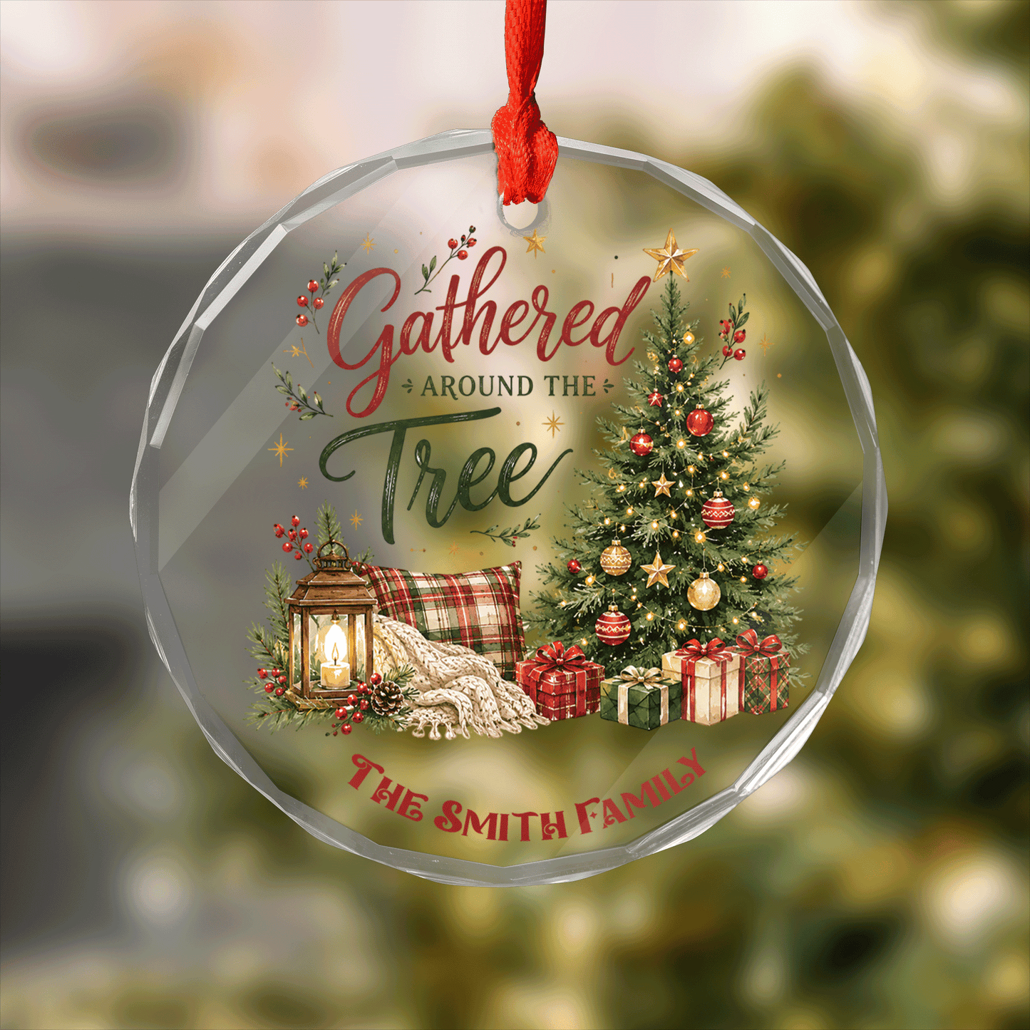 Personalized Gathered Around the Tree Glass Ornament with Custom Name