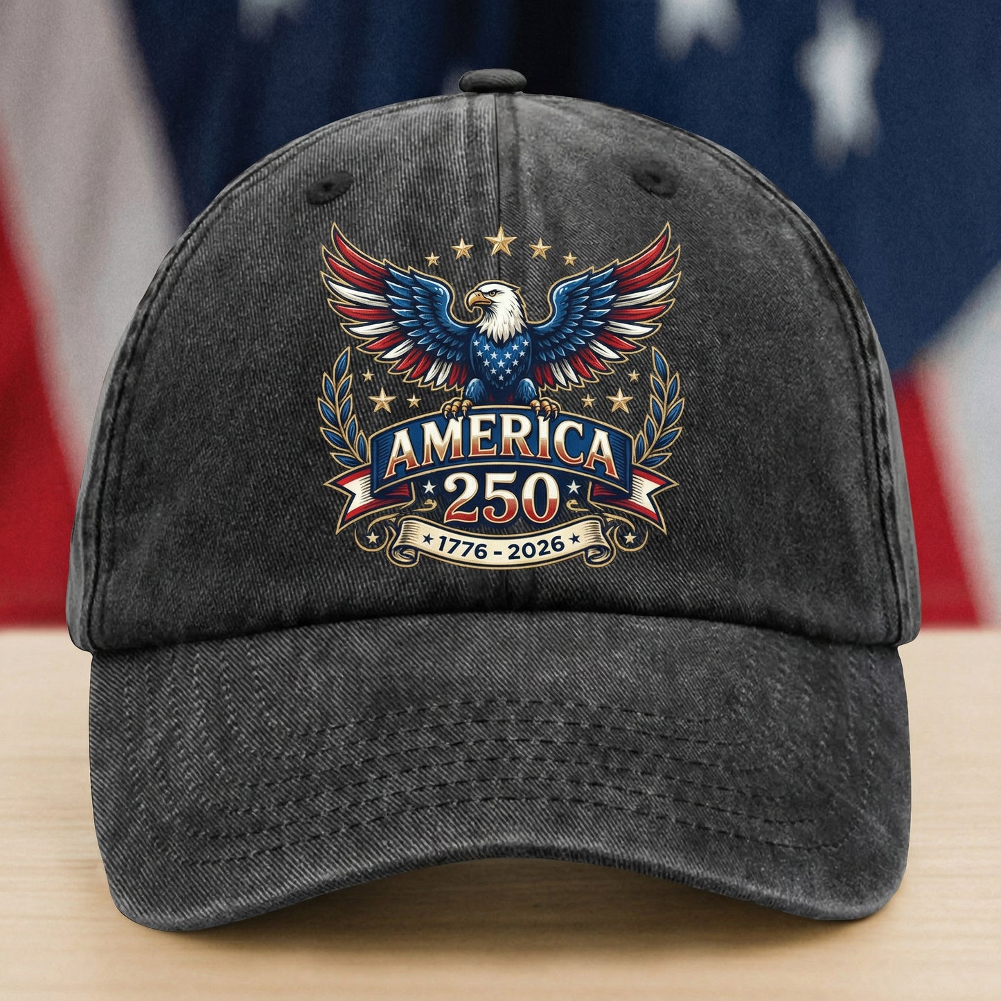 America 250 Washed Denim Baseball Cap – Personalized Eagle USA Patriotic Hat 1776–2026